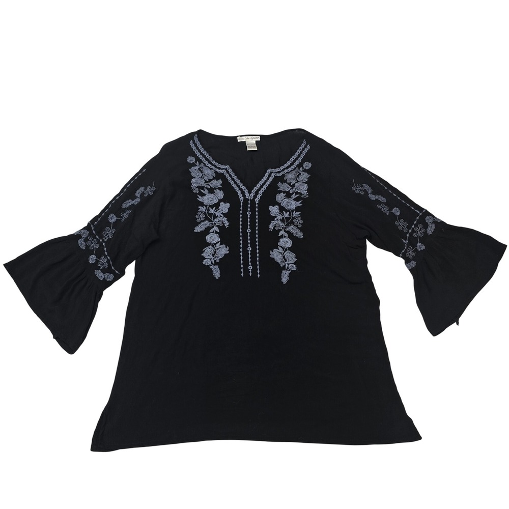 Cute Options Womens Floral Embroidered Bell Sleeve Boho Tunic Top Large Hippie‎